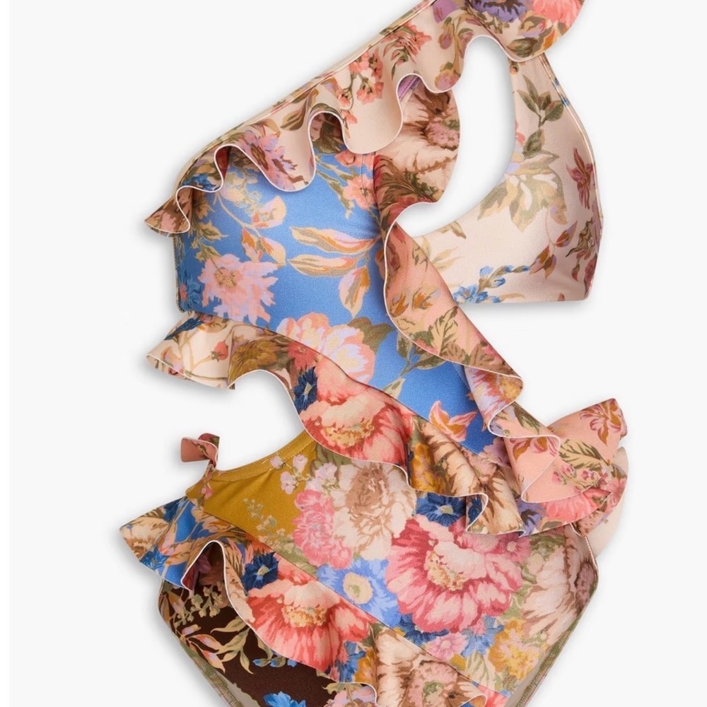 Zimmermann One Shoulder Ruffled Cutout Floral Print Swimsuit